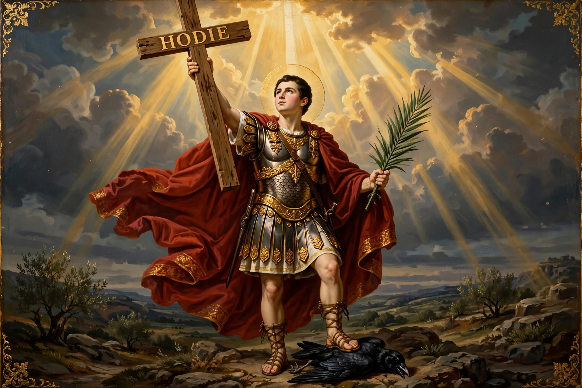 Saint Expedite as a Roman centurion in a red cloak, raising a cross marked HODIE, stepping on the crow that cried tomorrow, holding the palm of martyrdom