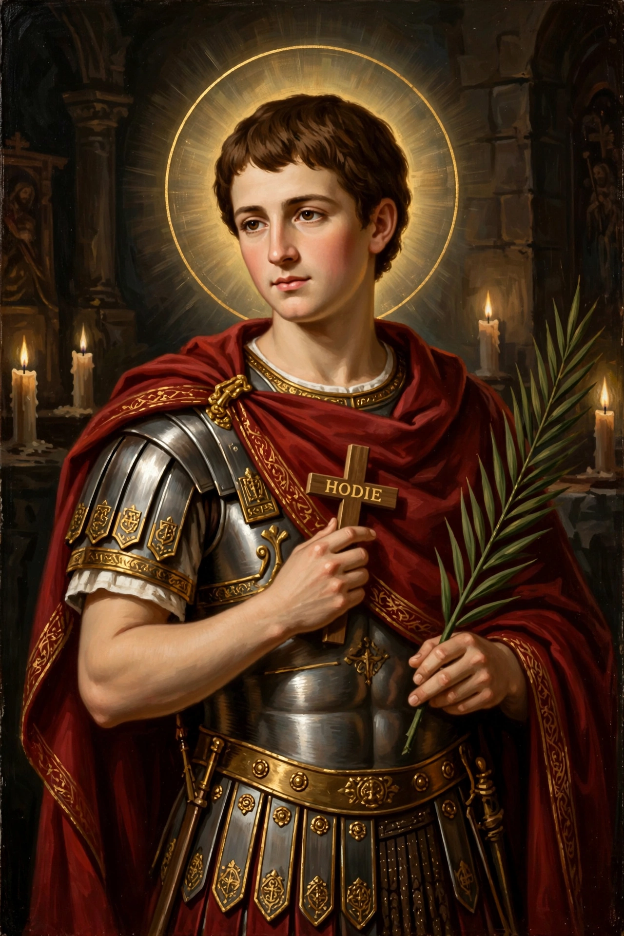 Devotional portrait of Saint Expedite, Roman centurion martyr, holding the cross marked HODIE in candlelight